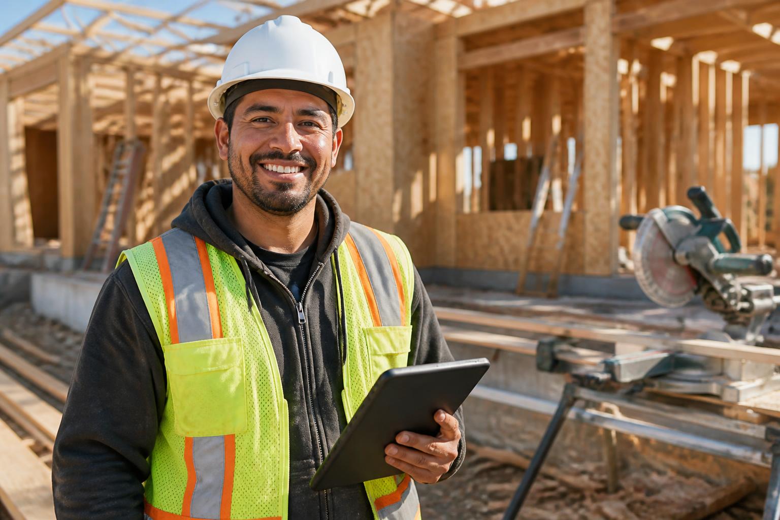 Smiling Hispanic skilled trades worker on a construction site holding a tablet